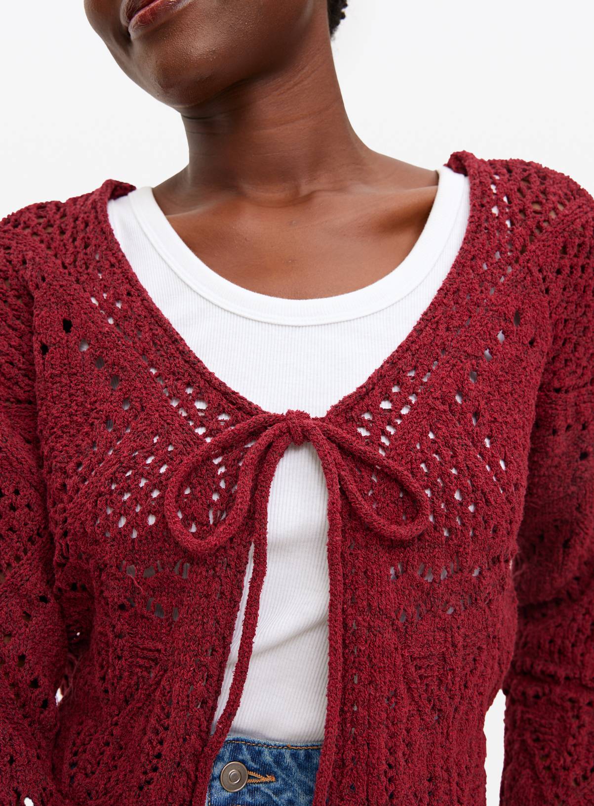 Berry Red Tie Front Pointelle Cardigan 18 - Image 2